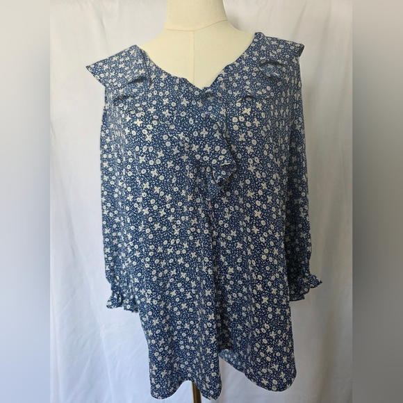 Lauren Ralph Lauren Blue Floral Ruffle Crepe Blouse Women's Size Large - Picture 2 of 11